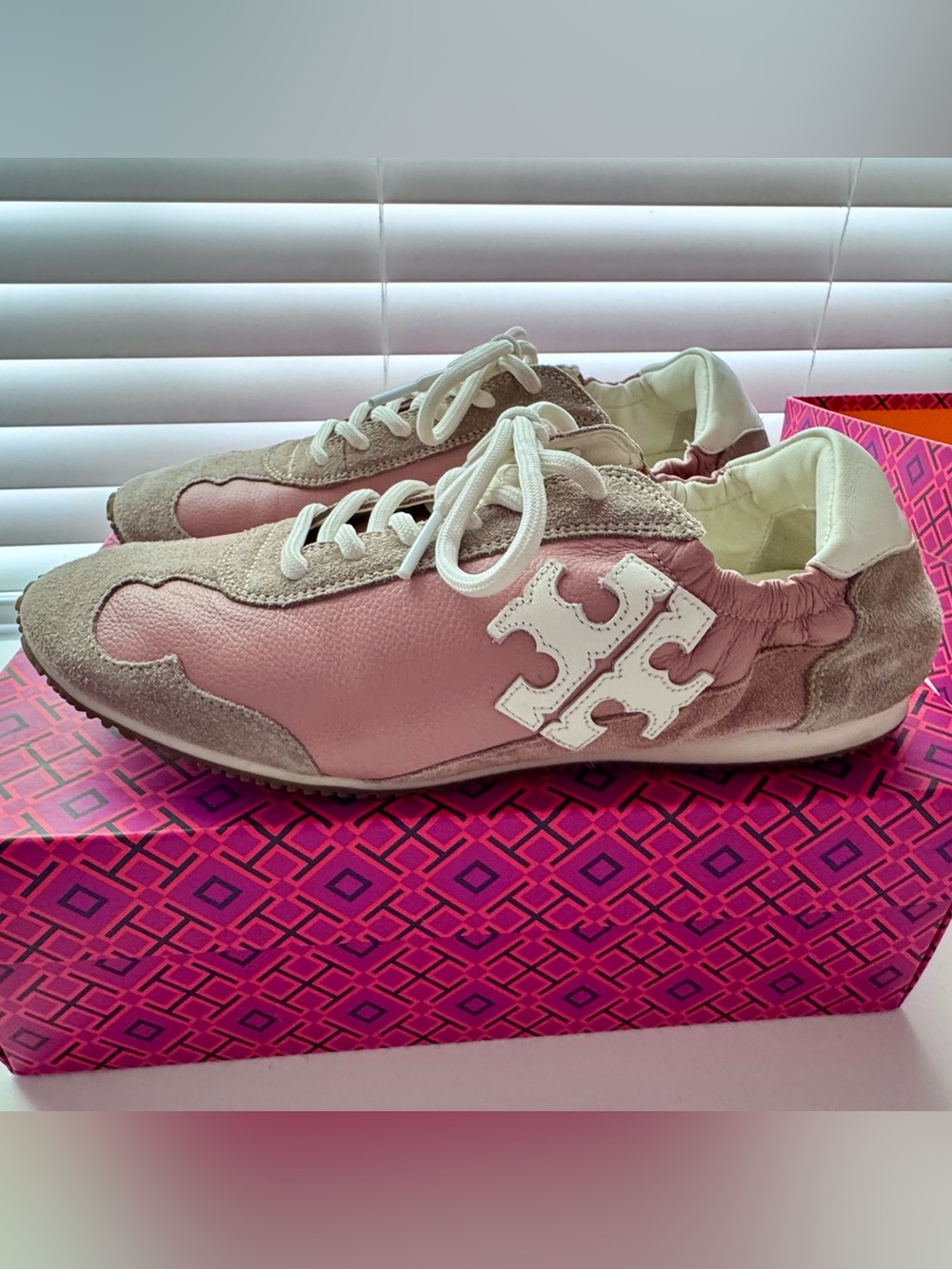 Tory Burch Pink Moon (Dusty Rose) Leather & Suede Sneakers + White Logo in Box